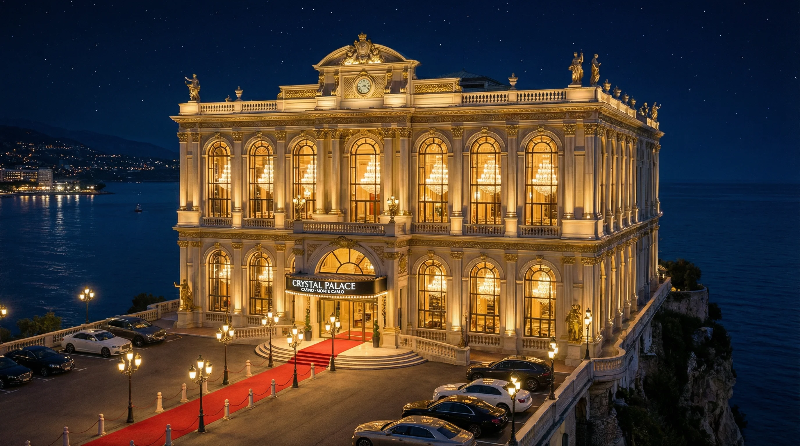 蒙特卡洛夜景下的水晶宫殿，彰显 真人百家乐 的奢华氛围