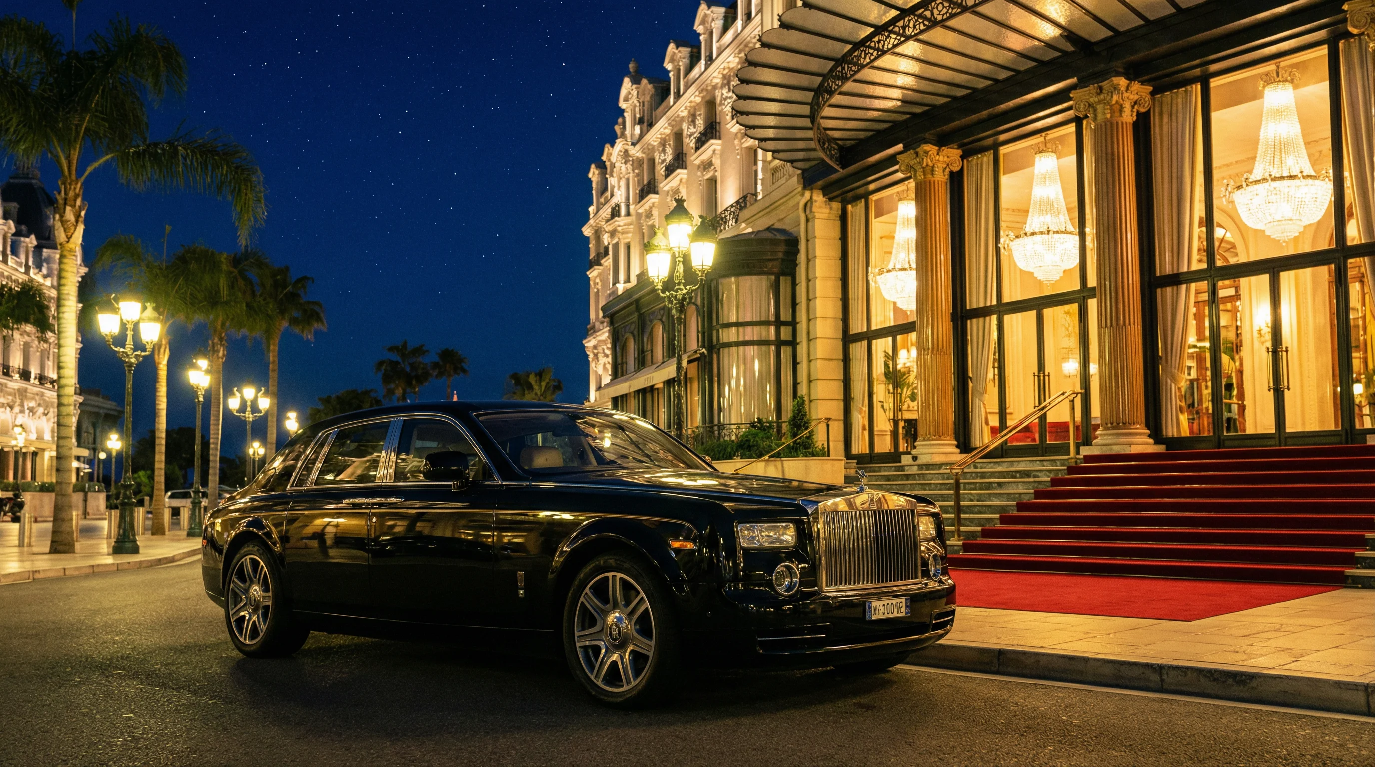 豪华名车在水晶宫殿前，彰显 真人百家乐 的尊贵格调